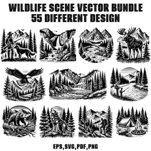 May include: A black and white vector illustration bundle of 55 different wildlife scenes. The illustrations feature animals like a moose, eagle, wolf, and bear in various forest settings. The text "WILDLIFE SCENE VECTOR BUNDLE 55 DIFFERENT DESIGN" is at the top of the image. The text "EPS, SVG, PDF, PNG" is at the bottom of the image.