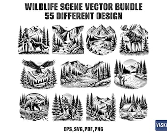 Wildlife Scene Vector SVG Bundle | Forest scene svg | Forest landscape vector | Adventure Vector Emblem | Forest Cricut, Sticker Cut file