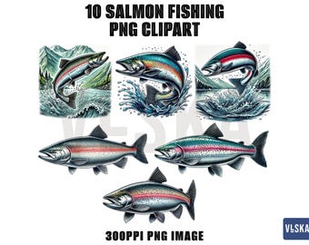 Salmon Fishing PNG Clipart Bundle | Pacific salmon Fishing PNG, Digital Graphic, Digital Download Graphic, Nature Illustration