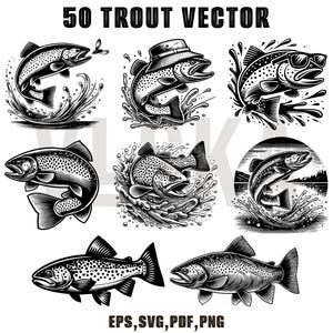 May include: A set of 50 black and white vector illustrations of trout fish in various poses. The trout are depicted in a realistic style with detailed scales and fins. The illustrations are perfect for use in a variety of projects, such as t-shirt designs, logos, and website graphics.
