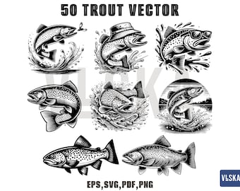 Paquete de 50 imágenes prediseñadas de pesca de trucha en formato SVG / Pesca de trucha en formato SVG / Trucha chapoteando en formato SVG / Descarga digital instantánea, archivo de corte, Cricut, calcomanía