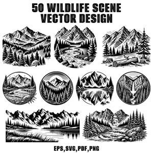 Wildlife Scene Vector SVG Bundle | Forest scene svg | Forest landscape vector | Adventure Vector Emblem | Forest Cricut, Sticker Cut file