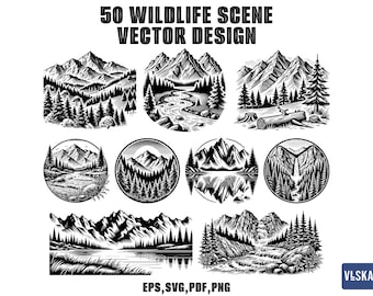 Paquete SVG vectorial de escenas de vida silvestre / Escena forestal SVG / Paisaje forestal vectorial / Emblema vectorial de aventura / Bosque Cricut, archivo de corte de calcomanías