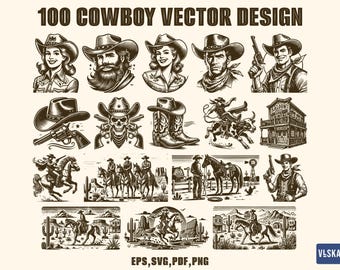 Vintage Retro Cowboy SVG Bundle – Retro Country Rodeo, Wild West, Horse Riding Western Clipart, T-Shirt Design, Transparent PNG Download