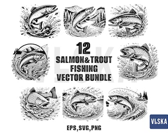 Puede incluir: Un conjunto de 12 ilustraciones vectoriales en blanco y negro de salmones y truchas saltando fuera del agua. Las ilustraciones son perfectas para usar en diseños, logotipos y marcas relacionados con la pesca.