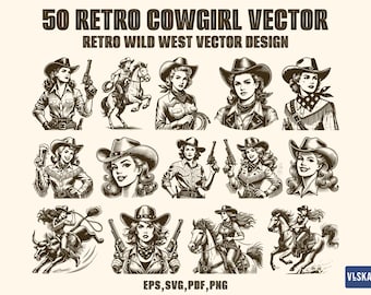 50 Retro Cowgirl SVG Bundle | Vintage Western Female Vector for T-Shirts, Stickers, Posters, Decor | Wild West Vector | png eps pdf Files