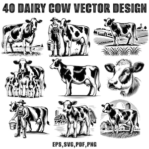 Pode incluir: Um conjunto de 40 ilustrações vetoriais em preto e branco de vacas leiteiras. As vacas estão em várias poses, incluindo em pé, deitadas e caminhando. Algumas das vacas estão com bezerros. As ilustrações são perfeitas para usar em uma variedade de projetos, como design de sites, materiais impressos e mídias sociais.