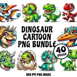 Pacote com 40 clipart PNG de dinossauros – T-Rex, Triceratops, Estegossauro – Design de dinossauro de desenho animado para camisetas e adesivos – Personagem de dinossauro