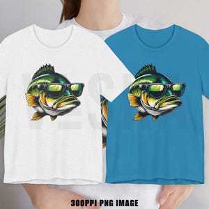 May include: Two t-shirts, one white and one blue, each featuring a cartoon bass wearing sunglasses. The bass has green, yellow, and white details. The image includes the text "300PPI PNG IMAGE" and the logo "VLSKA".