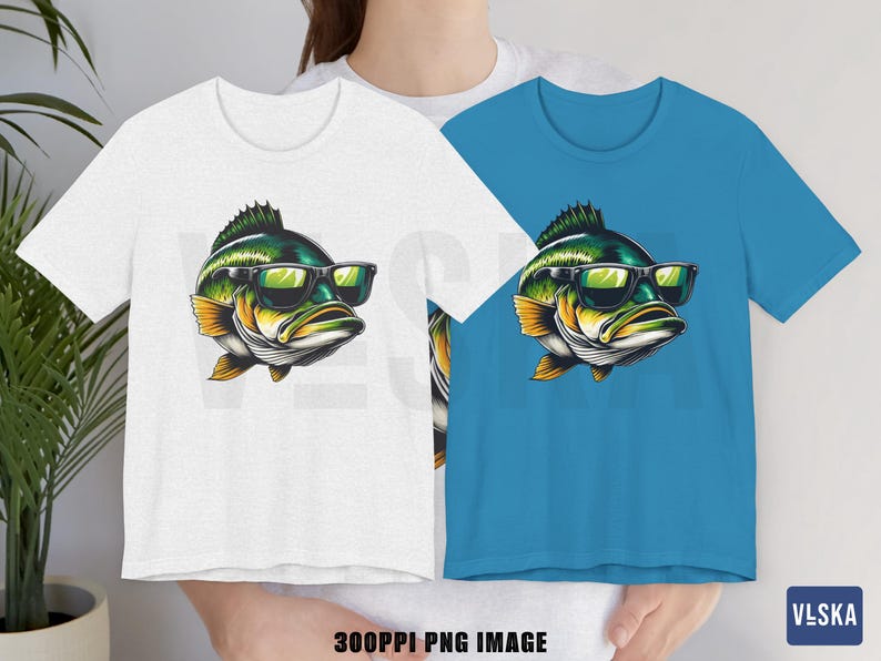 May include: Two t-shirts, one white and one blue, each featuring a cartoon bass wearing sunglasses. The bass has green, yellow, and white details. The image includes the text "300PPI PNG IMAGE" and the logo "VLSKA".