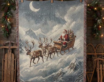 Vintage Santa Claus Woven Blanket, Christmas Reindeer Sleigh Throw, Victorian Holiday Tapestry, Rustic Farmhouse Winter Decor, Xmas Gift
