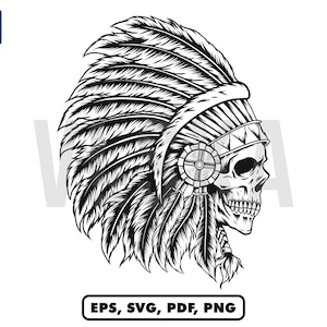 May include: Black and white illustration of a skull wearing a traditional Native American headdress with feathers. The skull is facing to the right and has a detailed design.