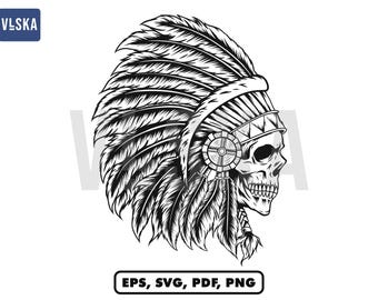 Indian Skull SVG Drawing, Native American Skull SVG, Indian Skull vector, Apache skull svg