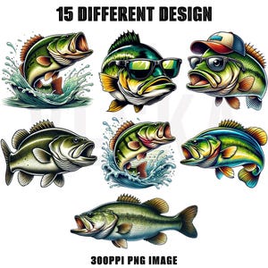 15 Bass Fish Clipart PNG Bundle | Largemouth bass | Watercolor Bass png | Bass PNG | gift for fisherman | Commercial Use | Digital Download
