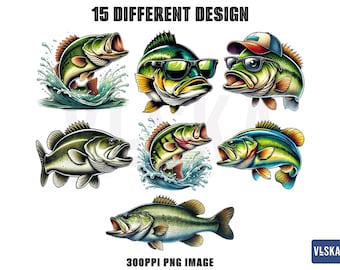 15 Bass Fish Clipart PNG Bundle | Largemouth bass | Watercolor Bass png | Bass PNG | gift for fisherman | Commercial Use | Digital Download