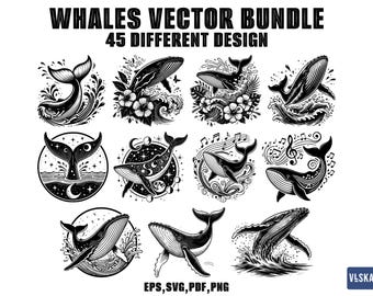 Whale SVG Bundle | 45 Whale Vector Clipart | Ocean Animal EPS PNG for T-Shirt, Sticker, Decor & Print Crafts