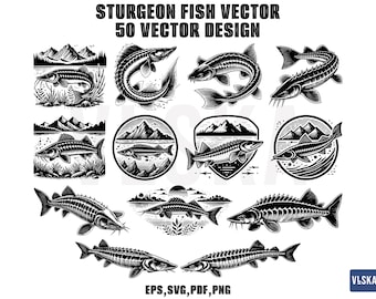 May include: A set of 10 black and white vector illustrations of sturgeon fish. The illustrations feature different poses and angles of the fish, including a sturgeon swimming in a river with mountains in the background. The text "STURGEON FISH VECTOR 50 VECTOR DESIGN" is at the top of the image.