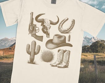 Retro Wild West Shirt | Vintage Cowboy Shirt Comfort Colors | Vintage Cowboy Graphic Tee with Revolver, Hat & Boots