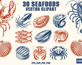 30 imágenes prediseñadas SVG y PNG de mariscos para diseño de menús, calcomanías y camisetas: descarga instantánea, uso comercial