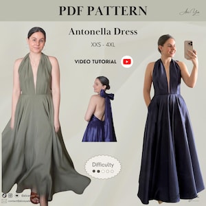 PDF naaipatroon | Feestjurk voor bruiloftsgasten | Open rug, cirkelrok, zakken | Antonella | Videotutorial | XXS-4XL