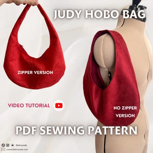 Puede incluir: Un bolso hobo rojo mostrado en dos estilos, uno con cremallera y otro sin ella, etiquetado como Judy Hobo Bag. La imagen incluye texto para un patrón de costura en PDF y un tutorial en video, junto con iconos de redes sociales y un correo.