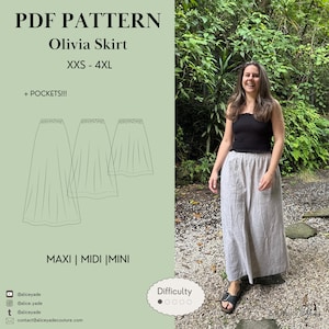 May include: A PDF pattern for the Olivia Skirt, available in sizes XXS-4XL, with pockets. The design includes maxi, midi, and mini lengths. The image also shows a woman wearing a black top and a light gray skirt.
