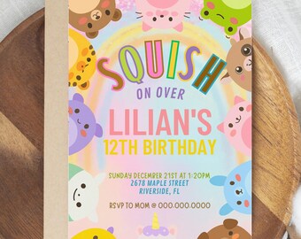 Plush Toy Birthday Invitation: Rainbow Pastel Party, Editable Template (Digital Download