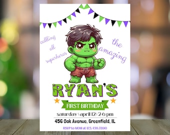 Green Superhero Birthday Invitation: Smash Party, Editable Template (Digital Download)