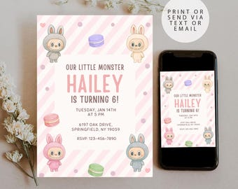 Kawaii Monster Birthday Invitation: Macaron Theme, Pastel Colors (Digital Download