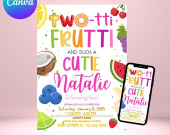 Two-tti Frutti Einladungskarte zum 2.Geburtstag: Tropisch (Canva, Digital Download)