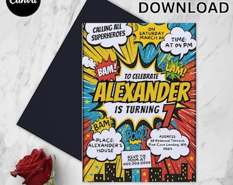 Comic Birthday Invitation, Pop Art Superhero Party (Digital Download)