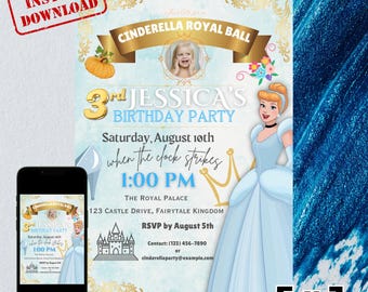 Cinderella-Geburtstagseinladung: Prinzessin Party, bearbeitbare Vorlage (digitaler Download)