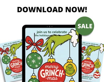 Grinchmas Style Christmas Party Invitation Editable Canva Template Funny Green Holiday Invite Digital Download