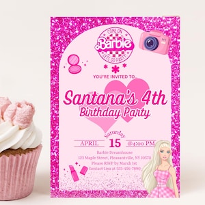 Barbie-Geburtstags-Einladung Prinzessin Party laden bearbeitbare digitale Vorlage Mädchen Geburtstags-Einladung rosa Barbie-Party ein
