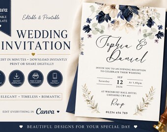 Marine Blau Blumen Hochzeitseinladung Vorlage: Elegant Romantisch (Instant Download)