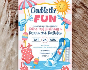 Twin Waterpark Birthday Invitation, Splash Pool Party (Editable Canva Template, Digital Download)
