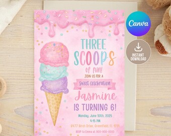 Ice Cream Birthday Invitation: Pastel Dessert Party, Editable Template (Digital Download 5x7" Canva Template)