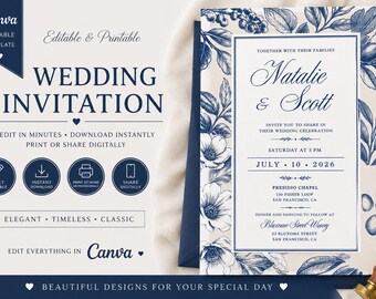 Blaue Blumen Hochzeitseinladung Vorlage: Elegantes botanisches Canva Design (Instant Download)