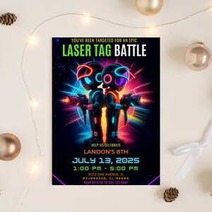 Invitación de cumpleaños de Laser Tag para niño, plantilla editable para fiesta, imprimible, juego de batalla de ciencia ficción neón, invitación nocturna, temática espacial, tarjeta de descarga digital