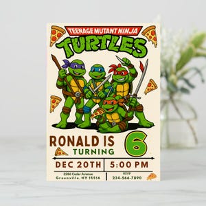 Convite de aniversário da Teenage Mutant Turtle, modelo editável para festa de pizza, convite para herói ninja, download digital para impressão, tema de desenho animado para meninos