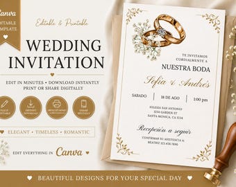 Spanische Hochzeitseinladungsvorlage, Elegantes Gold Boda Invite (Canva bearbeitbarer Download)