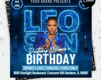 Leo Season Birthday Flyer, Blue Ice Nightlife (Editable Canva Template)