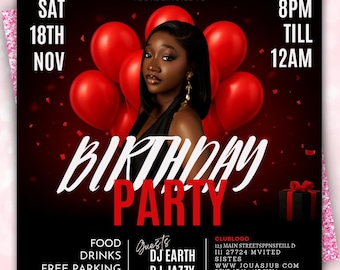 Nightlife Birthday Party Flyer, Red Balloon Bash (Editable Canva Template)