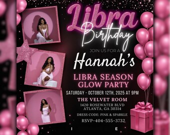 Libra Season Birthday Flyer, Pink Glow Zodiac (Editable Canva Template)