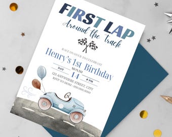 May include: Blue and white birthday invitation with a cartoon car and balloons. The text reads "First Lap Around the Track" and "Henry's 1st Birthday".