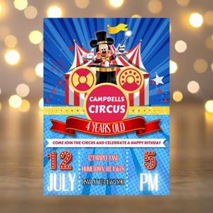 Circus verjaardagsuitnodiging carnaval thema feestuitnodiging bewerkbare digitale sjabloon voor kinderen Mickey geïnspireerd feestuitnodiging direct downloaden