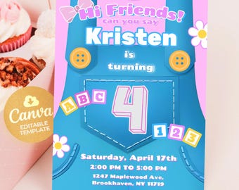 Ms. Rachel Geburtstagseinladung: ABC 123 Overalls Theme (Digitale Vorlage 5x7 "Canva"