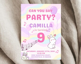 Pastel Bunny Birthday Invitation: Editable Rainbow Party Template (Digital Download)