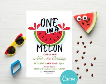 One in a Melon Geburtstagseinladung: Wassermelonen-Party, erster Geburtstag (Canva bearbeitbar, digitaler Download)