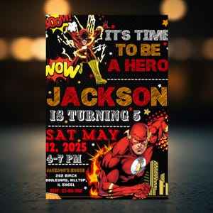 Superhero Birthday Invitation Flash Party Template Comic Hero Editable Kids Birthday Canva Digital Download